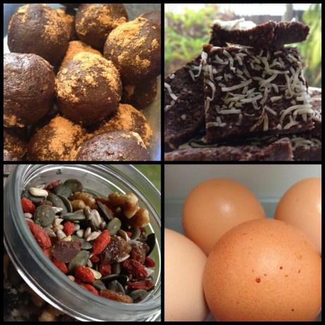 Clockwise: Balls of joy, slice of joy (just a fancier version of the balls that I ran out of time to roll), hard boiled eggs and home made trail mix.