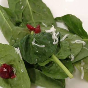 Christmas salad. 1C spinach, tbsp cranberries, 2tsp shredded coconut, squeeze lemon juice, tiny drizzle olive oil, salt and pepper.