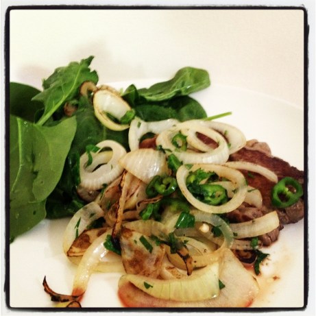 Friend's Food. Had this at my friend's house and was so simple but so delicious. Steak, spinach, and onion rings (cooked in ghee or coconut oil) with some parsley and chilli.