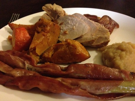 Good old fashioned roast. Organic pork with roast carrot and pumpkin. Baked and puréed apple sauce, and grilled prosciutto wrapped asparagus spears.